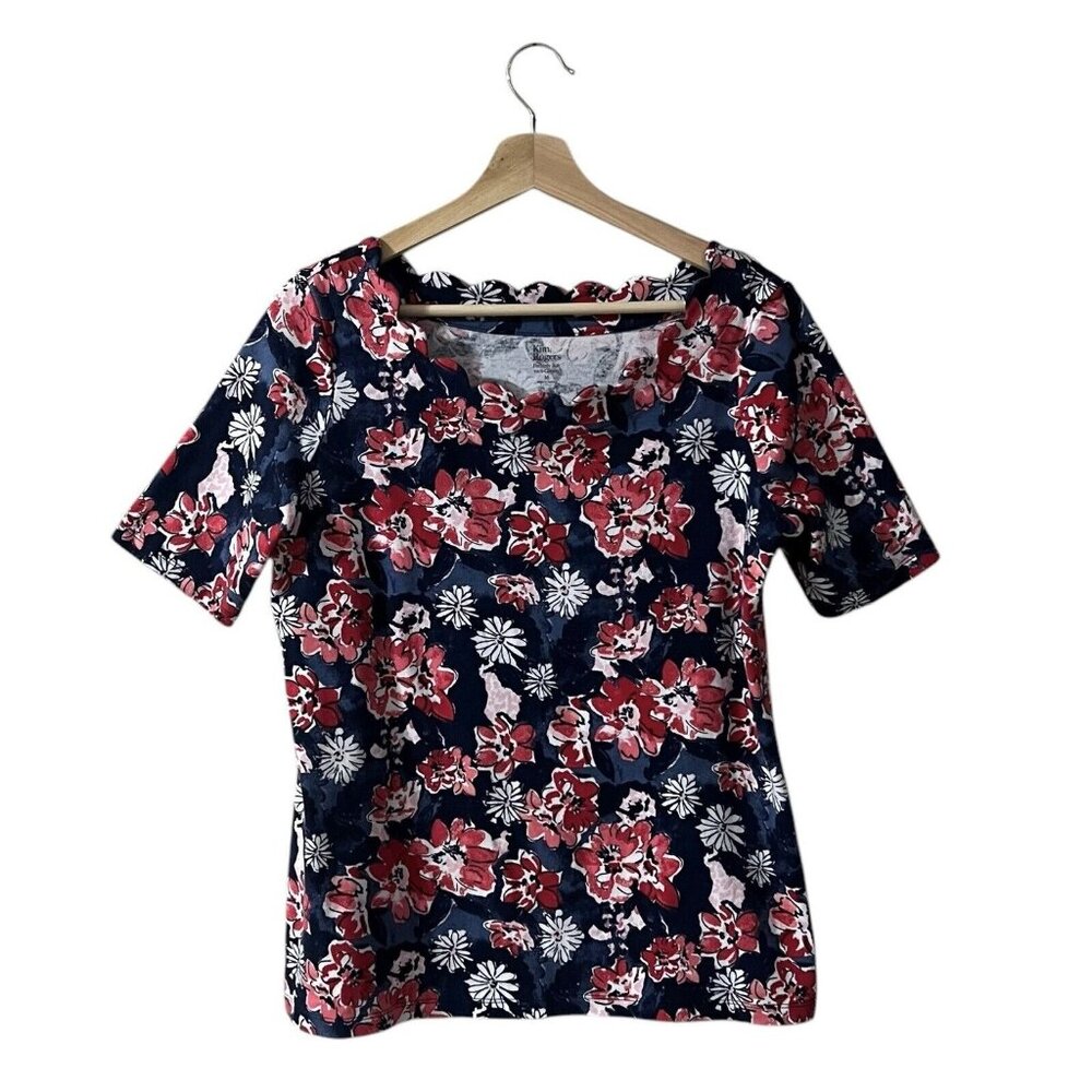 Kim Rogers Perfectly Soft Top Medium Scalloped Boat Neck Navy Blue Pink Floral
